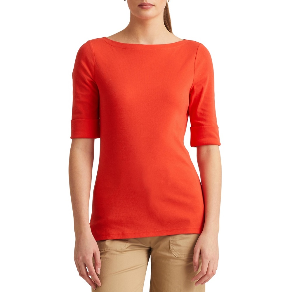 RALPH LAUREN STRETCH COTTON ORANGE 3/4 SLEEVE BOATNECK WOMEN'S TOP